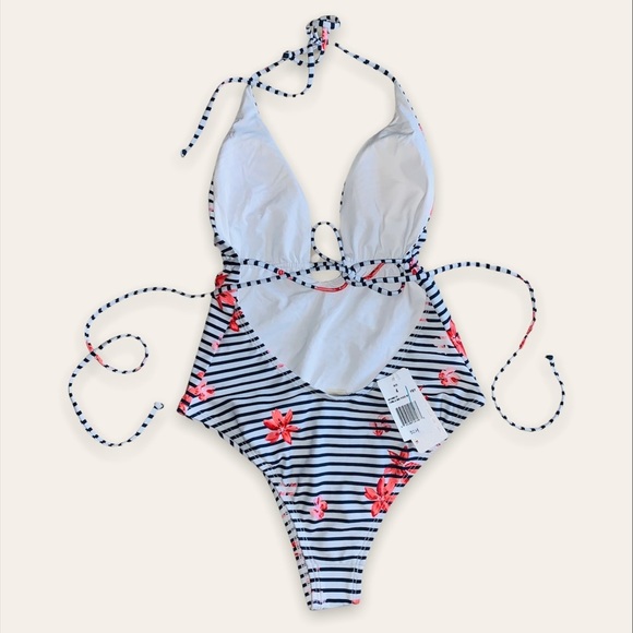 L Space Floral Bay Pamela Striped Halter Top One Piece Swimsuit Size 4 - Picture 4 of 8